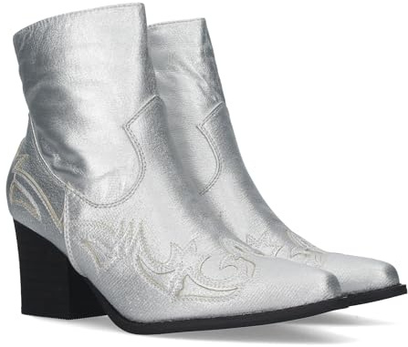79482 Botines Camperos para Mujer de Tacon Medio con Adorno Estilo Cowboy en la Puntera y en el Talon y Cierre de Cremallera Plata Talla 37