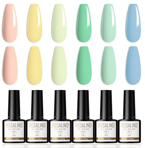 ROSALIND UV Nagellack Pastell 6 Farben Gel Nagellack Makronen Shellac Rosa Gelb Grün Blau Gellack UV Lack Soak Off UV/LED Nail Polish Set Frühling Sommer Geeignet für Heimnagel DIY, Nagelstudio, 8ml