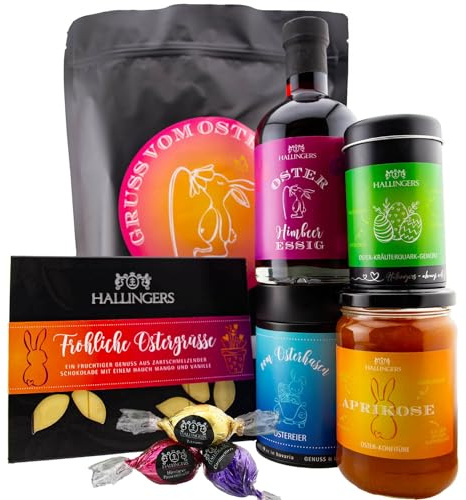 Hallingers Genuss Manufaktur Feinkost Oster-Geschenk-Set - XXL-Wundertüte Gruß vom Osterh... großes Osternest Pralinen-Ostereier, Schoki, Konfitüre, Gewürz & Essig, Ostern Körbchen für Frauen