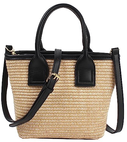 MEGAUK Women Double Handle Woven Tote Bag Mini Straw Crossbody Purse Straw Clutch Summer Beach Handmade Shoulder Bag For Ladies