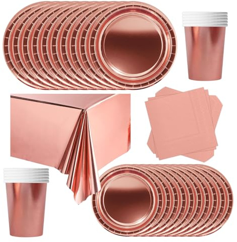 POPOYU Partygeschirr Kindergeburtstag Roségold,69 Stück Geburtstagsparty Geschirr Pappteller Set,Tischdecke Papier Tassen Teller Servietten zum Weihnachten,Geburtstag,Hochzeiten,Jubiläums(16 Gäste)