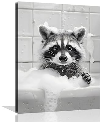 OWNANRTHM Waschbär-Badezimmer-Wandkunst, Waschbär in der Badewanne, Gemälde, lustiges Tierbad, Leinwand, Bilder für Badezimmer, gerahmt