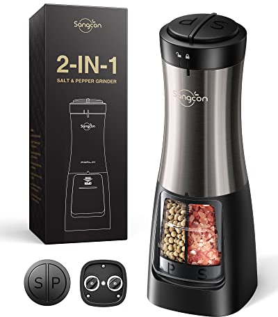 Sangcon 2 in 1 Electric Salt and Pepper Grinder Mill, Battery Operated Dual Salt and Pepper Grinder Shaker Mill, Automatic One-Hand Operation with Light, Adjustable Ceramic Grinder