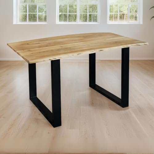 trelevo Esszimmertisch 160x85 cm, Akazienholz massiv 26mm, Tischplatte naturfarben, echte Baumkante, U-Gestell schwarz, Baumkantentisch