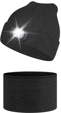 Mütze mit Led Licht und Schal, USB Wiederaufladbare Stirnlampe Beanie Strickmütze für Herren Damen, Hände Frei Warme Beleuchtete Wintermütze fürJoggen, Wandern, Laufen, Radfahren - Schwarz