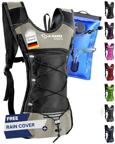Trinkrucksack Laufen 6L, Ultraleicht 300g mit Thermofach (Sand) - SASMO | Laufrucksack mit 2L Trinkblase inkl., BPA-frei, für Fahrrad & Wandern, isoliert kühlt länger, reflektierend, verstellbar