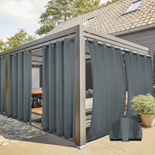4 Stücke Outdoor Vorhang Wetterfest mit Ösen, Outdoorvorhänge Balkon Vorhang Terrasse Vorhänge Outdoor Gardinen Sonnenschutz & Sichtschutz Vorhänge mit Schlaufen Unten, H213 x B132 cm Dunkelgrau