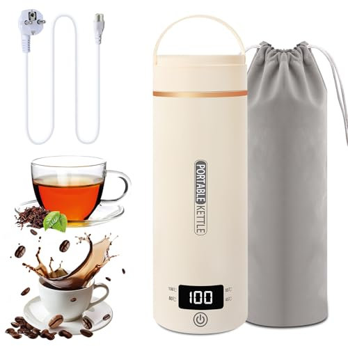 Hervidor eléctrico de viaje pequeño, 500 ml, hervidor de agua pequeño, para viajes, agua de cocción rápida, mini hervidor eléctrico, portátil, acero inoxidable 316 (Beige)