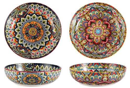 Henten Home Juego de platos hondos de pasta, 2 platos hondos de colores, 1500 ml, cuencos multiusos para sopa, fideos, espaguetis, pasta, ensalada, serie Mylo, estilo boho