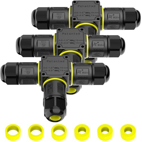 3X Kabelverbinder Wasserdicht IP68 – 3-polige T-Form Verteilerdose für Ø4-12 mm Kabe, Verbindungsmuffe für Außen, Erdkabel, Gartenbeleuchtung, Stromanschluss