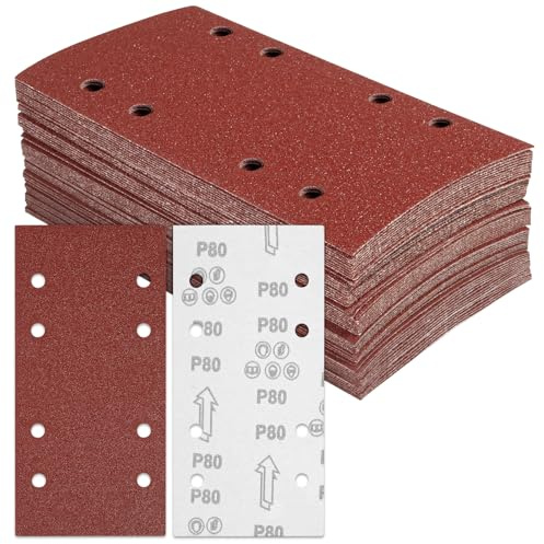 BIGP Lijas para Lijadora Orbital, 50 Unidades 93 x 230 mm con 8 Agujeros, Grano 80, Hojas de Lija Rectangulares para Lijado de Madera, Metal y Pintura