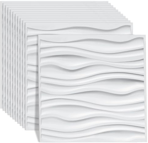 Yugodex 3D Wandpaneele, 3D Wandverkleidung Paneele, 3D Wall Panels, Wanddeko Platten, Wasserfest, Hitzebeständig, aus Hochsteifes PVC - 50 x 50 cm, Welle Weiß, 12 Stück (3 m²)