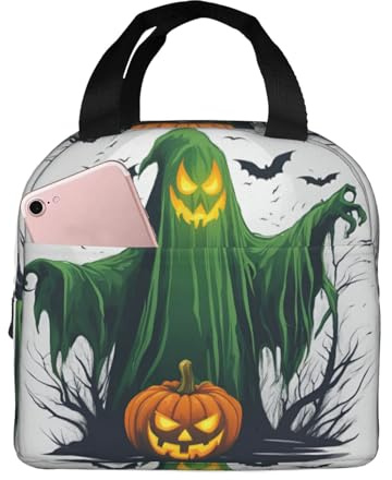 Green Ghost - Lonchera térmica con estampado de calabaza de Halloween, reutilizable, con bolsillo frontal para el trabajo y el picnic