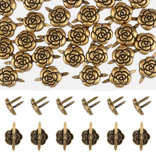 URROMA 30 Stück Splinte Metall Papierklammern Mini Brads Vintage Rosen Scrapbooking Brads Mit Aufbewahrungsbox Für Papierbasteln DIY Stempeln (Antikgold)