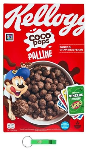 4x Coco Pops Palline, Knuspriges Schokoladenmüsli/Geröstete Kakao-Maisbällchen mit Schokolade/Perfekt für ein leckeres Frühstück 330g + Beni Culinari Kostenloser Schlüsselanhänger