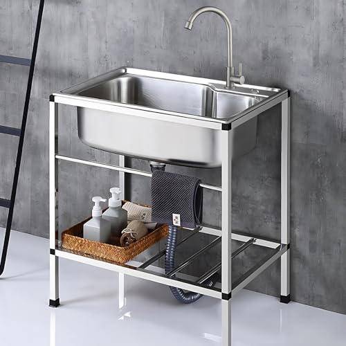 Lavello Cucina in Acciaio Inox, Lavandino da Esterno con Rubinetto Lavandino Commerciale Lavelli Autoportante Lavello di Utilità Lavabo Lavamani Industriale Garage 58X43cm