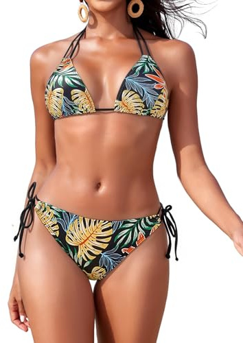 Svanco Maillot de Bain Femme 2 Pièces Bikini Triangle - Port en Collier, Dos Nu et Slip Réglable