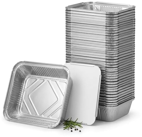 SGWEB professional Vaschette Alluminio con Coperchio [50 Pezzi] - Contenitori per Alimenti e Freezer, Teglie Usa e Getta per Forno e Microonde, Modello R1L da 910ml per 2 Porzioni