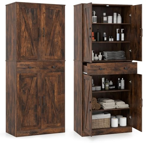 COSTWAY Küchenschrank hoch, 183 cm, Vorratsschrank mit 4 Türen, Schublade & 3 verstellbaren Regalen, Mehrzweckschrank modern, Hochschrank Buffetschrank, für Küche Esszimmer Wohnzimmer, Braun