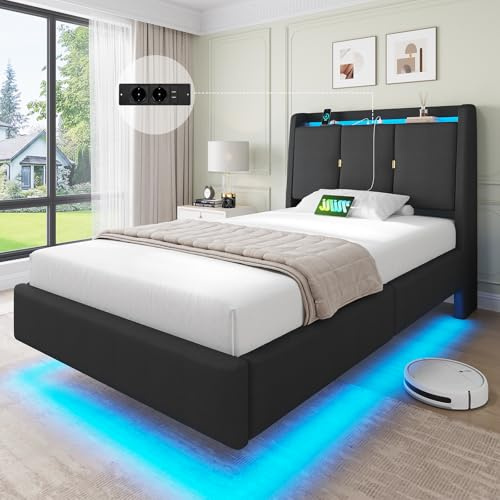 Brinlawb Polsterbett 90x200 cm Schwebebett mit LED-Beleuchtung und Ladestation (2 Steckdosen + 2 USB) Bettgestell 90x200 cm mit gepolstertem, angenehm geneigtem Kopfteil (klappbar, mit Stauraum) Grau