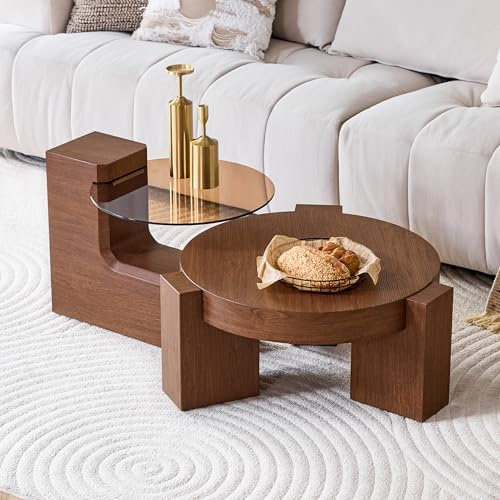 HAINEW Runder Glas Couchtisch 2er Set, Beistelltisch-Set Satztische 2er Set für Wohnzimmer und Schlafzimmer, 61×61×30cm+44×18,7×44cm, HD26051314 (Walnuss)