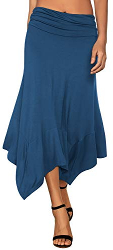 DJT Damen Elastisch Plissierte Taille Elegant Rock A-Linie Faltenrock Midi Rock mit Taschentuch Saum Blau XL