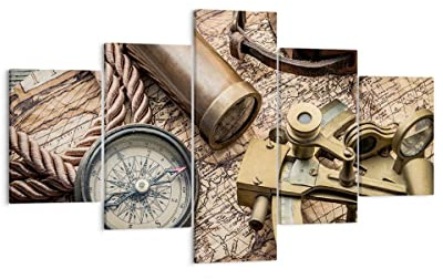 Mehrteilige Bilder auf Leinwand Kompass Kompass Karte Leinwandbild 125x70cm Wandbilder Dekoration Wohnzimmer Schlafzimmer Set 5 teilige Klein Wanddeko Bild Wand Kunstdruck Art Canvas EA125x70-3730