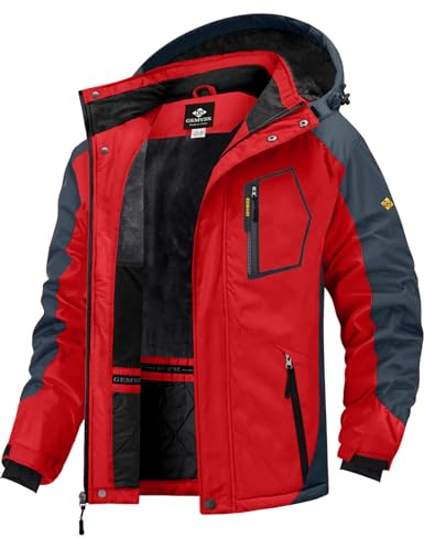 GEMYSE Chaqueta de Esquí Impermeable de Montaña para Hombre Abrigo de Invierno de Lana Antiviento con Capucha (Roja Gris,L)