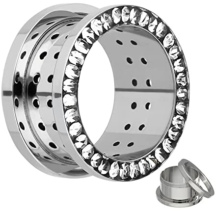 Treuheld® Atmungsaktiver Flesh Tunnel | Silber mit Kristallen | Stahl