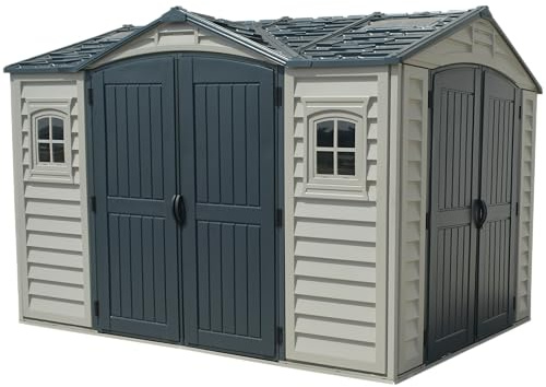 Duramax Apex Pro Plus Gartenhaus aus Kunststoff, 26,7 x 20,3 cm, mit Doppeltüren auf 2 Seiten, Metall-Fundament-Set, 2 Feste Fenster und 2 Dachfenster-Sets, Adobe/Dunkelgrau