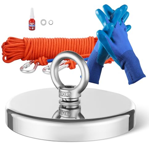 VEVOR Kit de Pesca con Imán de un Solo Lado Fuerza de Tracción de 590 kg Kit de Pesca con Imán de Neodimio de Tierras Raras con Gancho de Agarre, Cuerda Resistente, Guantes y Perno de Ojo, Naranja