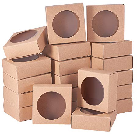 BENECREAT 24 pack kraftpapperslådor med genomskinligt fönster 10 x 10 x 2,4 cm Burlywood presentförpackning för bagerikakor godis tårta bröllopsfest gynnar