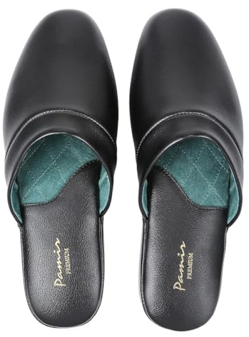 PAMIR Pantofole da uomo in vera pelle con soletta in memory foam e suola in pelle, nero, 44 EU