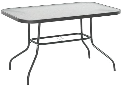 Outsunny Tavolo da Giardino con Foro per Ombrellone, Arredamento da Esterno in Metallo e Vetro 120x80x70cm Grigio