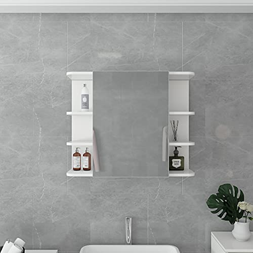 ML-Design Spegelskåp för badrum, vitt, 80 x 64 x 21 cm, badrumsskåp med spegel, dörr och 8 hyllor, gott om förvaringsutrymme, badrumsskåp av MDF-trä, väggskåp, badrumsspegel