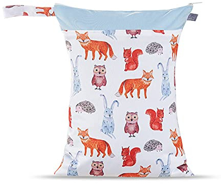 Treer-shop 30x40cm Bedruckte Windeltasche Trocken und Nasstaschen Baby Wetbags mit Reißverschluss, Kleinkind Stoffwindeln Hängende Organiser Beutel (Fuchs)