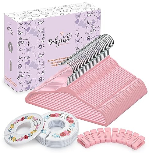 Babyrish Grucce in velluto per bambini, confezione da 30, ultra sottili, antiscivolo, con 8 graziosi divisori per vestiti e 10 clip per appendere l'armadio di neonati e ragazze, grucce rosa per