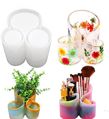 OmeHoin Resin Molds Storage Box Silicone Mold With 3-slot Pen Brush Holder Mould Makeup Organizer Trinket Container Epoxy Mold Flower Pot molds for Making Vase Pen holder DIY Resin Artwork Handicrafts
