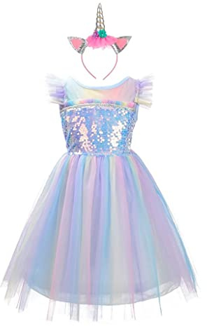 Lito Angels Einhorn Prinzessin Kleid mit Horn Haarreif für Kinder Mädchen, Blau Regenbogen Tüllkleid, Größe 2-10 Jahre