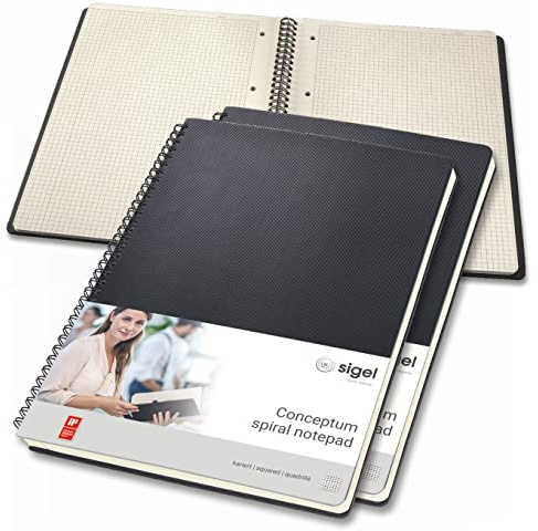 Sigel Conceptum Premium Spiralblock A4 Kariert schwarz 80 Blatt 3er Pack | CO820/3, sehr stabiler Hardcover-Einband mit Einsteckfach, aus nachhaltigem Papier