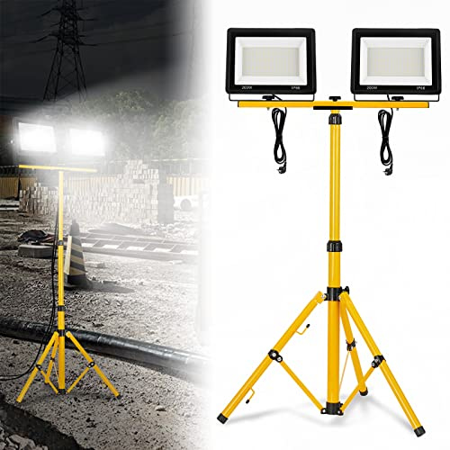 LZQ LED Baustrahler 2*200W Kaltweiß Arbeitsleuchte 16000LM Scheinwerfer mit Stativ und Netzkabel, Arbeitsscheinwerfer IP66 Wasserdicht LED Fluter mit Stecker, Bauscheinwerfer für Werkstatt Baustelle