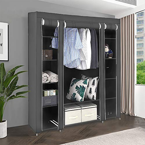 RELOVE Guardaroba in Tessuto Non Tessuto, Armadio con 1 Barre Appendiabiti e 10 Ripiani, Organizzatore Personalizzabile per Abiti, 172 * 134 * 43cm, per Camera da Letto, Grigio