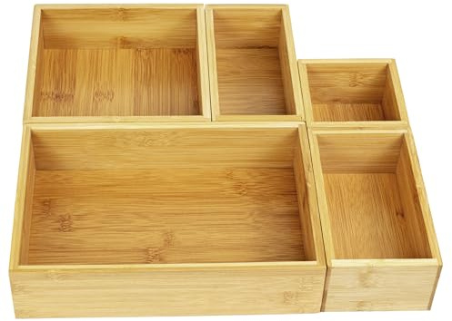 VaeFae Bambus Schubladen Organizer, 5-teilig für Küche und Bad | Praktische Fächeraufteilung, glatte Oberflächen ohne Grate, stabil und langlebig, leicht zu reinigen
