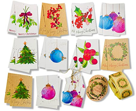 Weihnachtskarten Set 20 Postkarten für Weihnachtspost 20 Aufkleber Anhänger Weihnachten Merry Christmas Aquarell AnneSvea