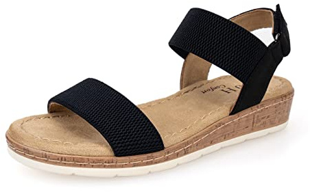 VJH confort Women’s Flat Sandals Open Toe Elastic Ankle Strap Slip on Comfy Low Wedge Sandals（Black,8.5）