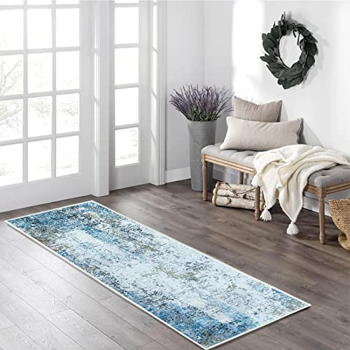 JURLEA Flurläufer Rutschfester Teppichläufer für Flure Küche & Wohnzimmer waschbar leicht Langer Läufer (Creme/Blau, 60 x 240 cm)
