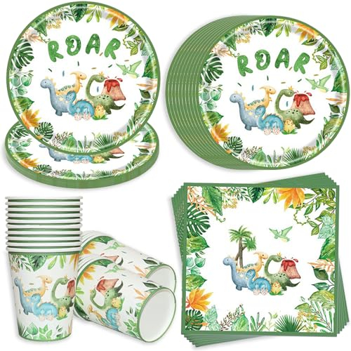 Bikasun 60 Pezzi Stoviglie per Dinosauro Set di Stoviglie a Tema Dinosauri per Feste di Compleanno Forniture per Feste di Compleanno Dino per Bambini per 20 Ospiti