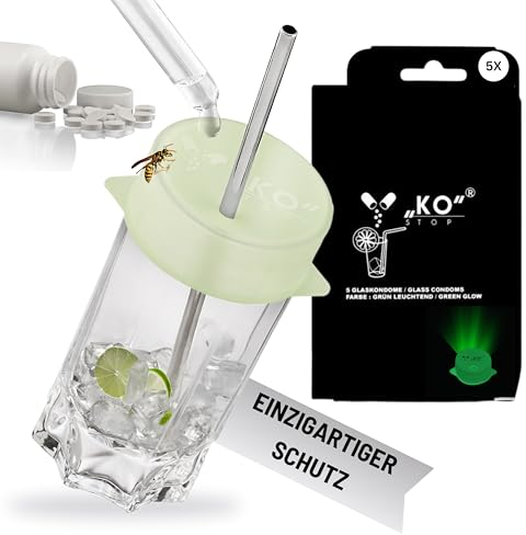 Ko Stop 5er Set Silikon Mehrweg inkl. Metalldose Getränkeschutz UV-aktiv leuchtend wiederverwendbar schützt vor Ko Tropfen, Insekten und Schmutz ideal für Partys und Festivals (Grün 6-8cm)