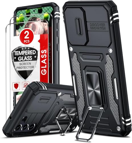 LeYi Kameraschutz Hülle für Samsung Galaxy S21 FE 5G Handyhülle [2 Glasfolie Schutzfolie], Militär Standard Handy Hüllen Ständer Schutzhülle Kamera Schutz Cover Schiebeabdeckung S21fe Case Schwarz