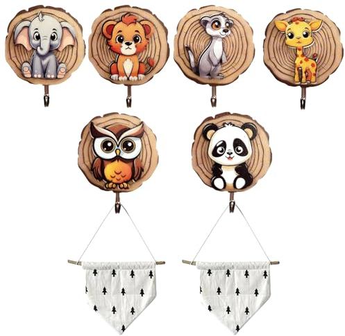 TONGXIYU 6 PiezasGancho Autoadhesivo Para Niños,Colgador de Pared de Madera para Niños,Ganchos Autoadhesivos de Madera,para Colgar La Ropa De Los Niños, Toallero De Baño, Mochilas.